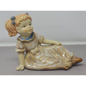 Vintage Handcrafted Ceramic Girl Figurine Dress Pigtails‎ Blue Bow & Brown Shoes